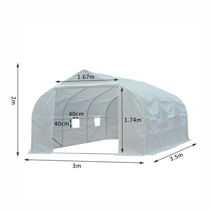 Outsunny Outdoor Tunnel Greenhouse with 6 Mesh Windows, in Metal and PE Plastic, 3.5x3 m, White - Borgè