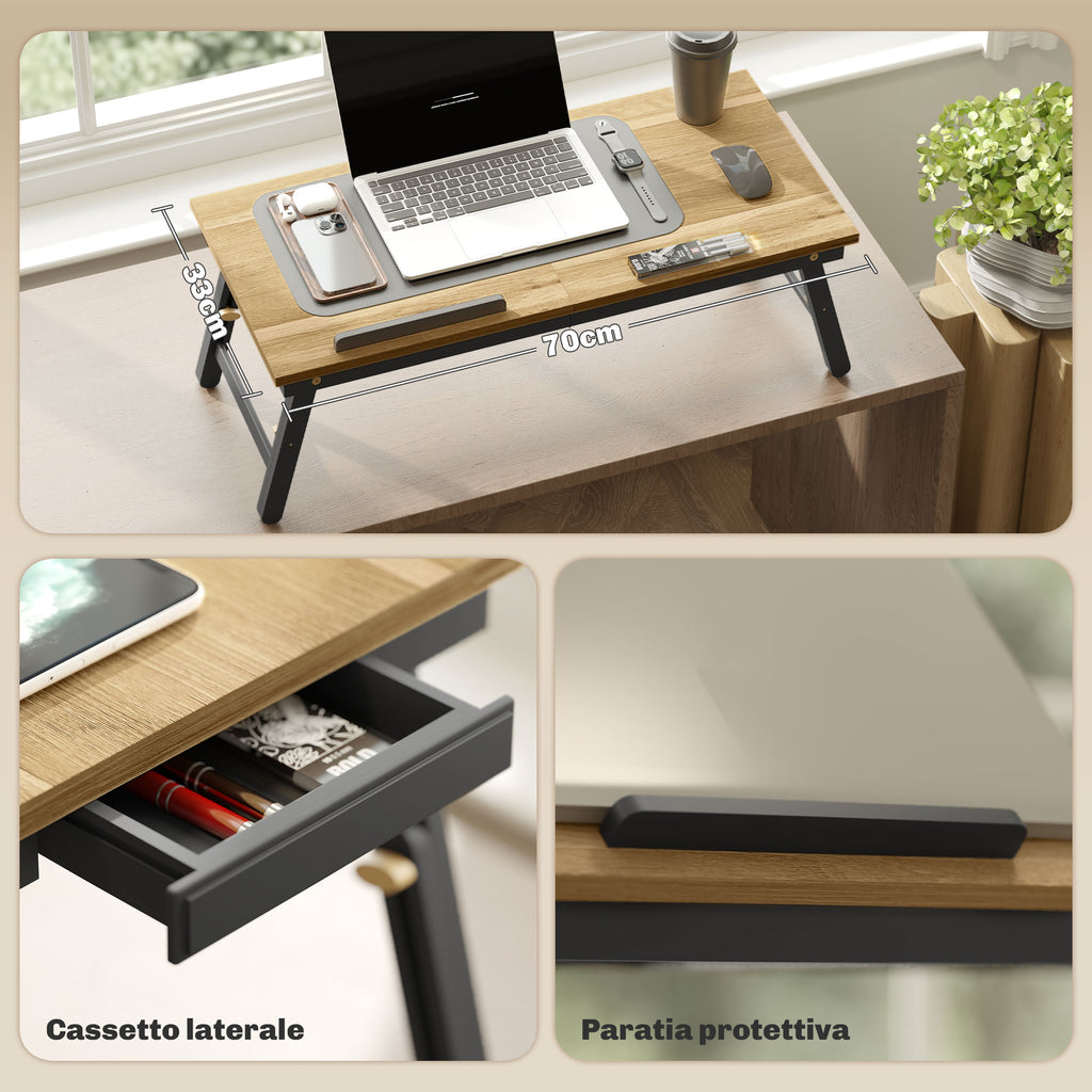 Tilting and Adjustable Monitor Stand with Side Drawer, in Wood, 86x33x22.5-32 cm, Oak and Black