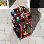 3-Tier Plastic Tool Cart with Side Perforated Panel, Black and Red