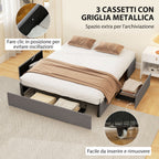 Double Bed Frame with Slats and 3 Drawers, in Wood, Polyester and Metal, 165x193x30 cm, Grey