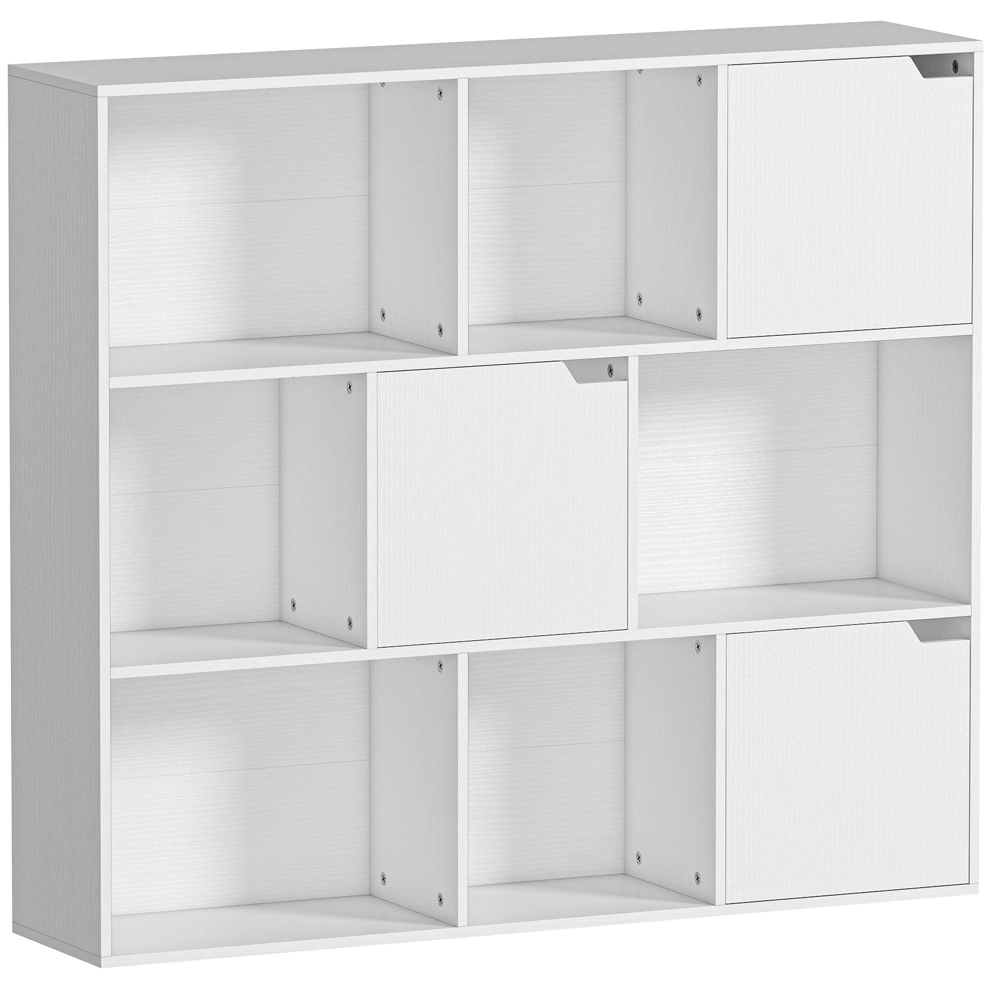 Cube Bookcase with 6 Open and 3 Closed Sections, White Wood, 106x24x95 cm