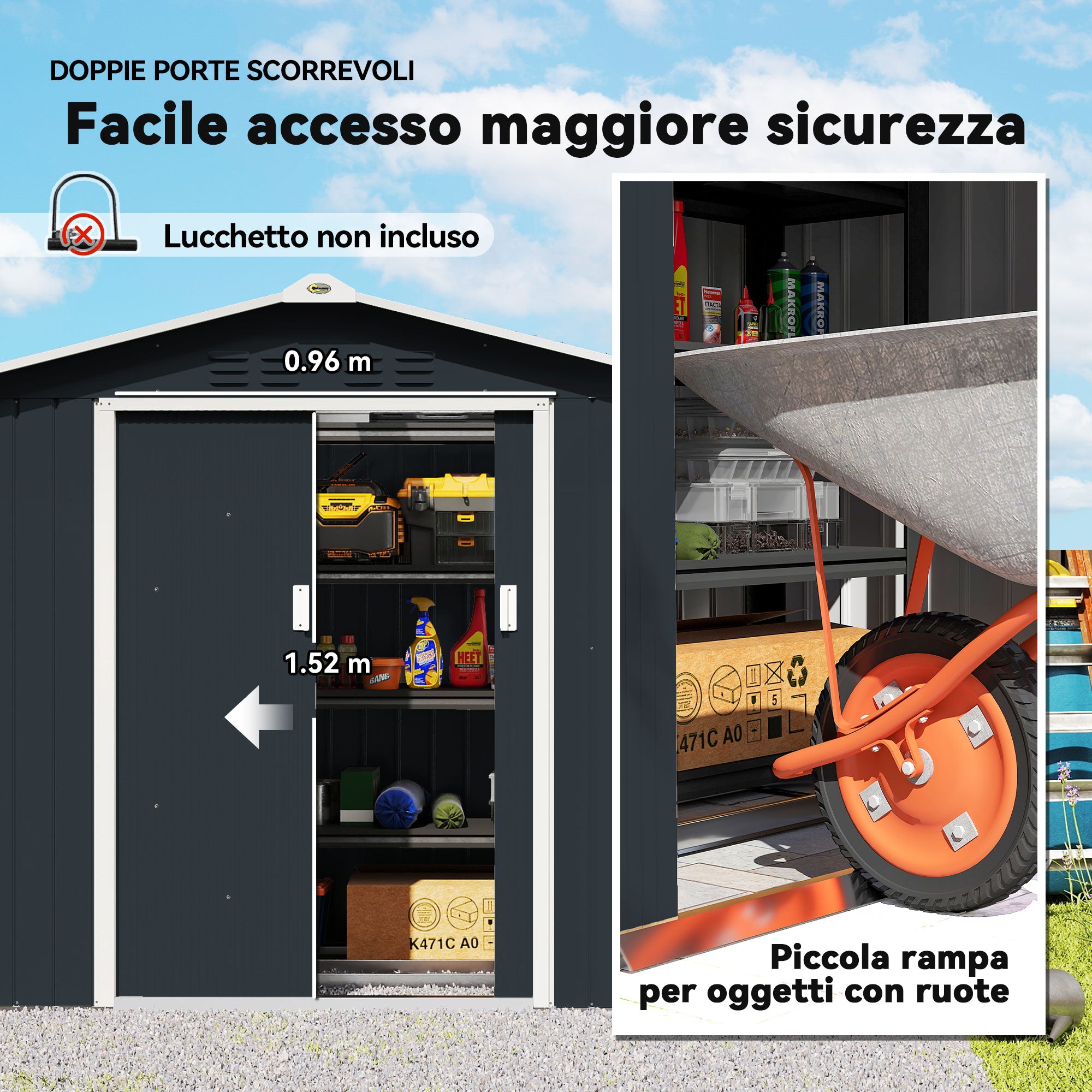 Metal Garden Shed with Air Vents and Double Sliding Door, 277x195x192 cm, Dark Grey