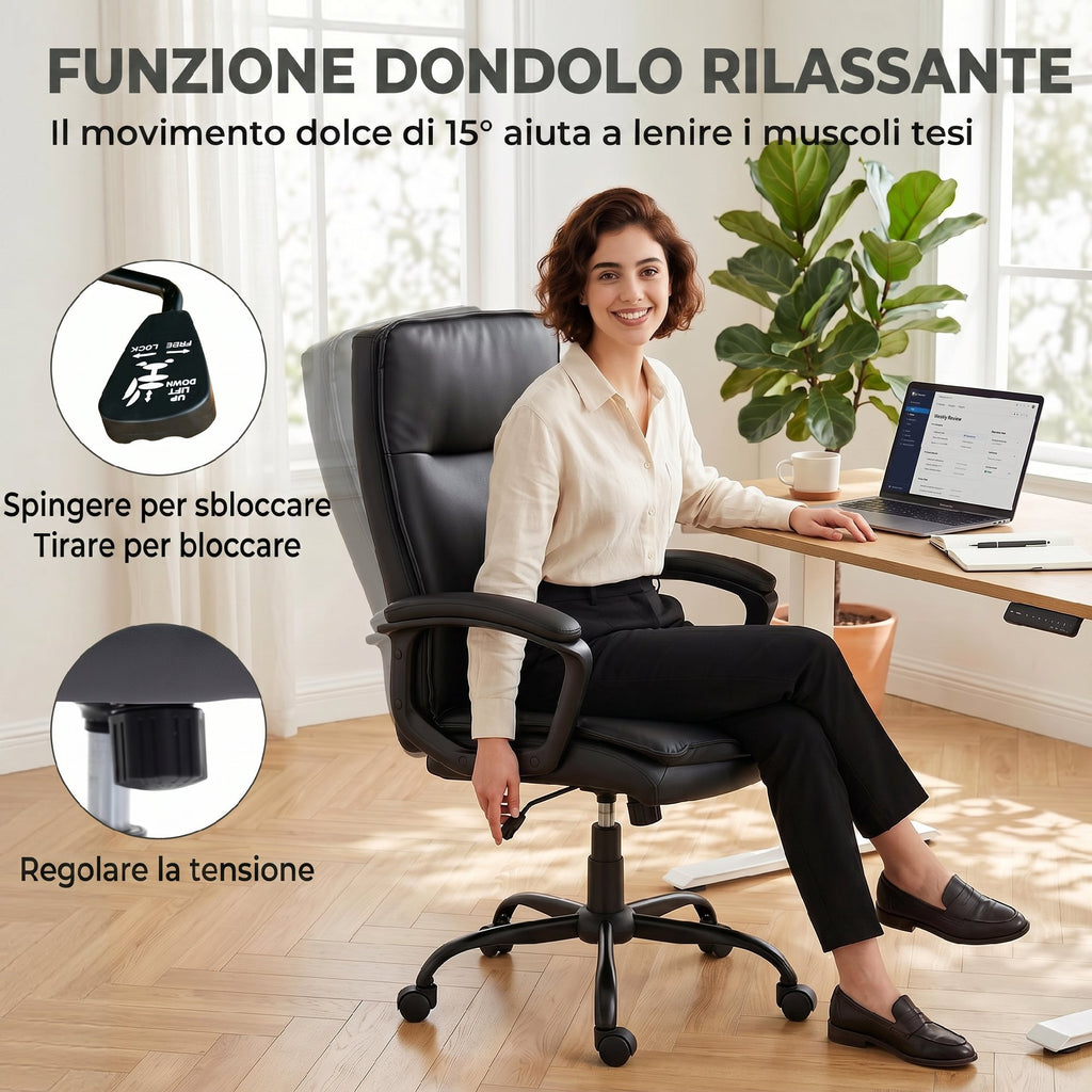 HOMCOM PU Leather Swivel Office Chair, Rocking Function, High Back, Adjustable Height, 120kg Capacity, Black