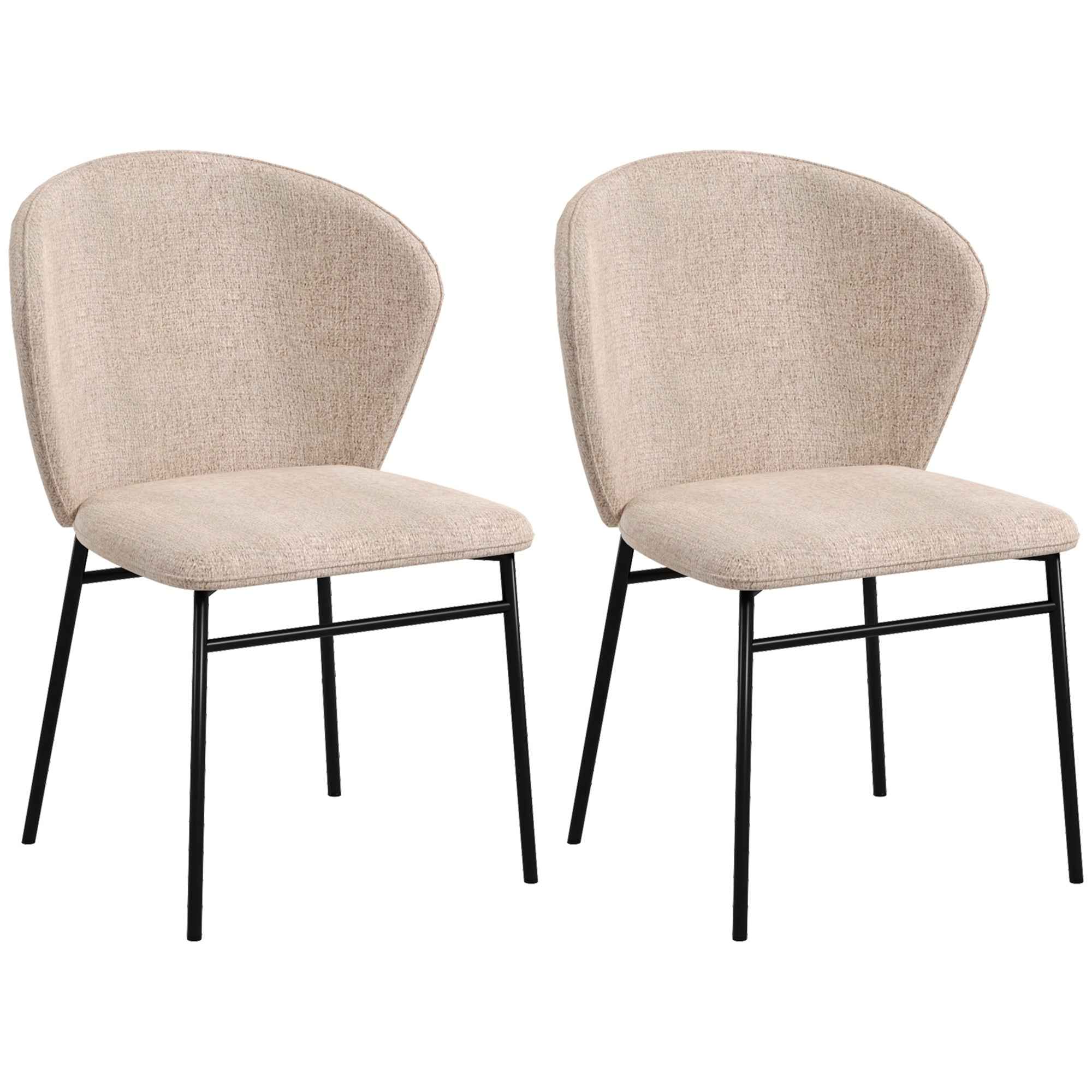Set of 2 Dining Chairs in Steel and Linen-Effect Fabric, Padded Seat, Curved Backrest, Light Brown