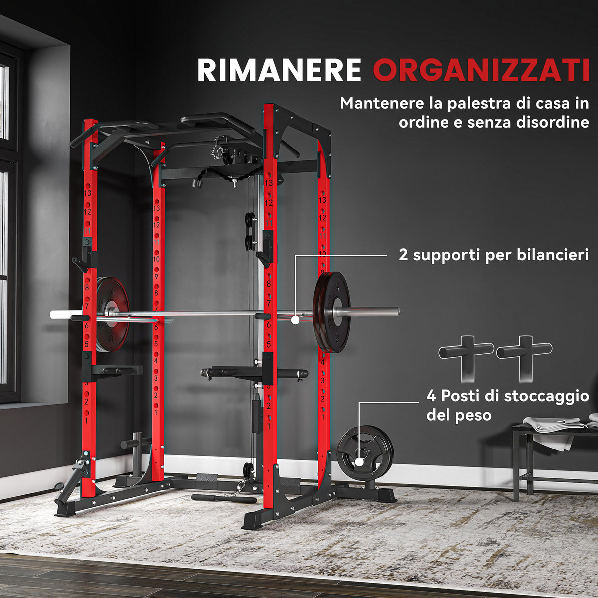 SPORTNOW Fitness Station with Barbell Stand and Pull-Up and Dip Bar, Steel, 191x153x205 cm, Red and Black