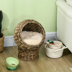 Raised Cat Bed with Cushion, Natural Banana Leaf House, Beige and Brown, 42x33x52cm - Borge' Group Limited