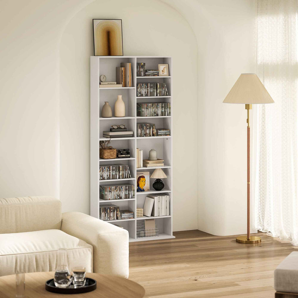 HOMCOM CD and DVD Shelves 18 Compartments Max. Capacity 640 CDs/360 DVDs 430 Blu-rays 78.5 x 24 x 175 cm White
