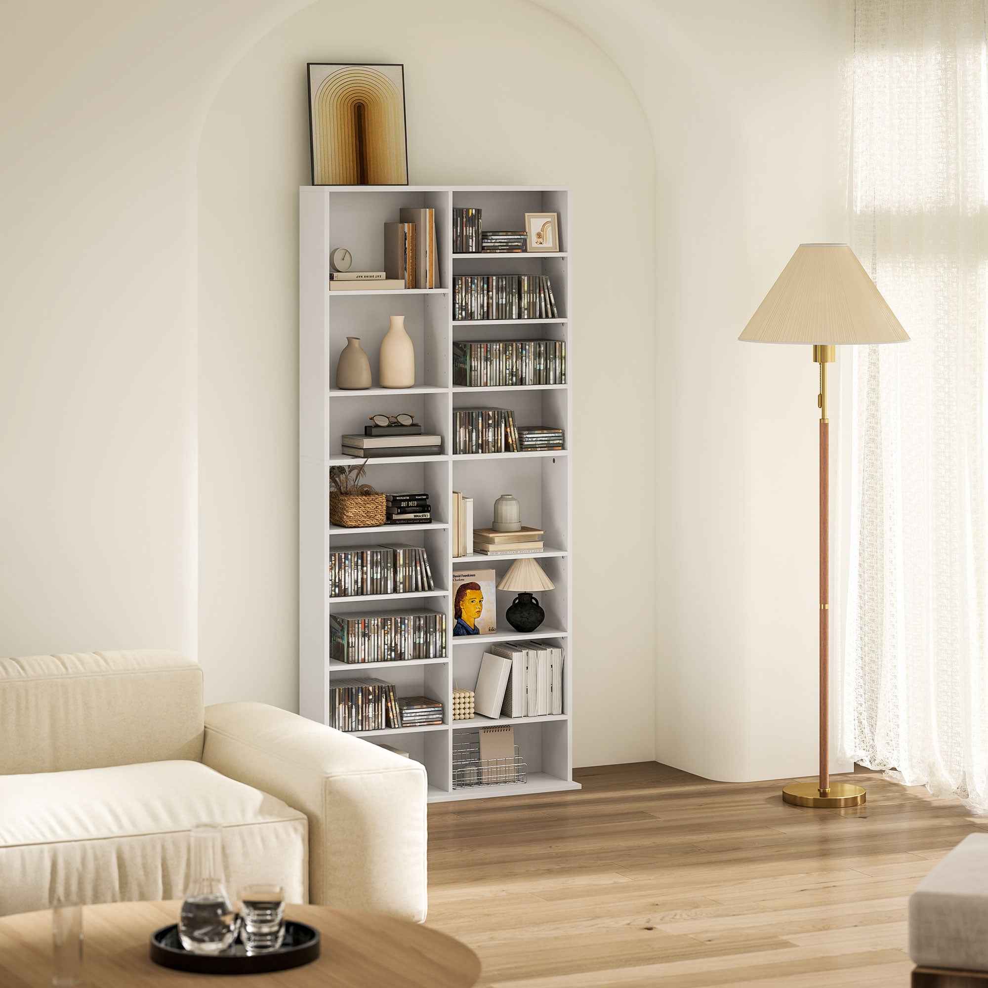 HOMCOM CD and DVD Shelves 18 Compartments Max. Capacity 640 CDs/360 DVDs 430 Blu-rays 78.5 x 24 x 175 cm White