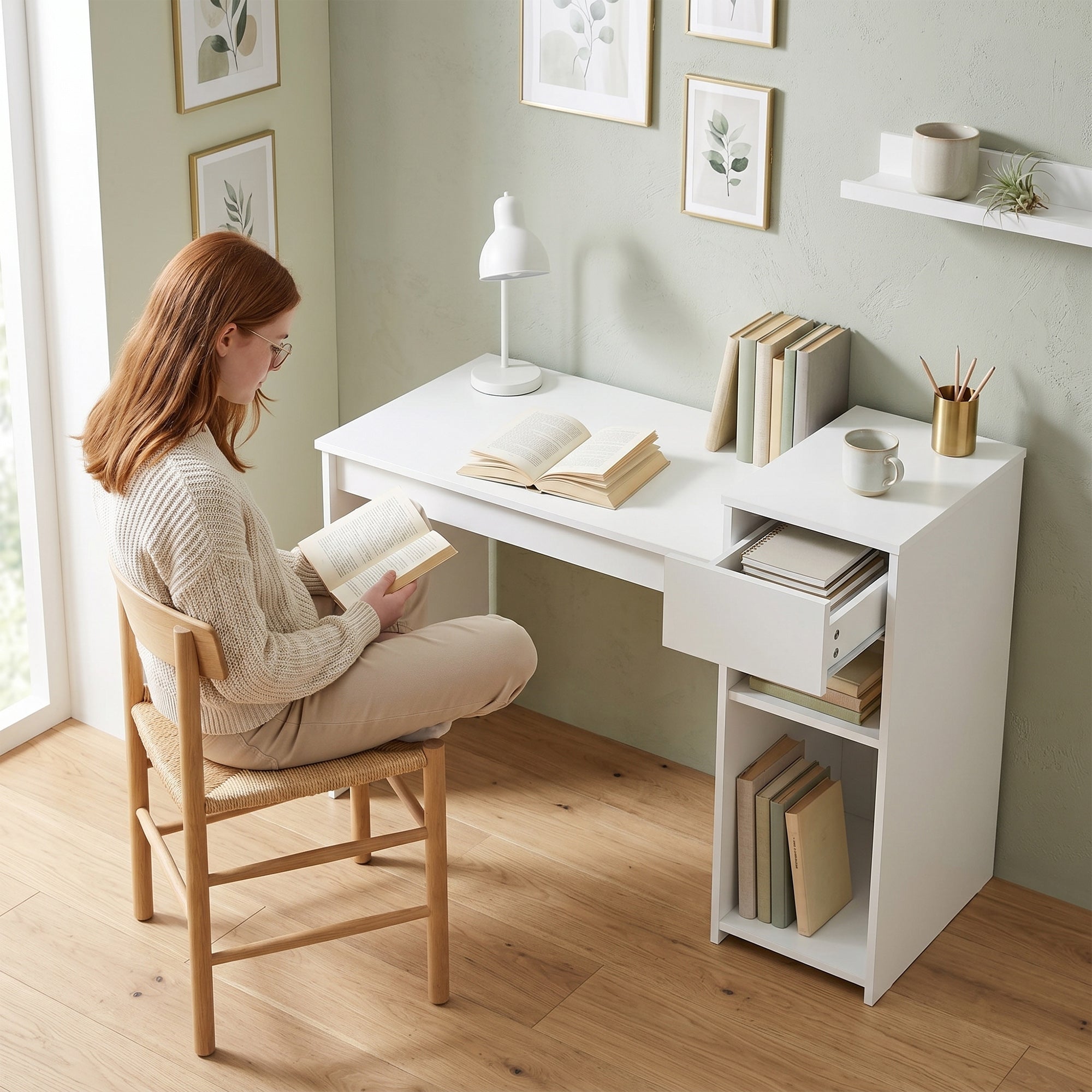 HOMCOM 108cm Study and Writing Desk with Drawer and Shelves, White