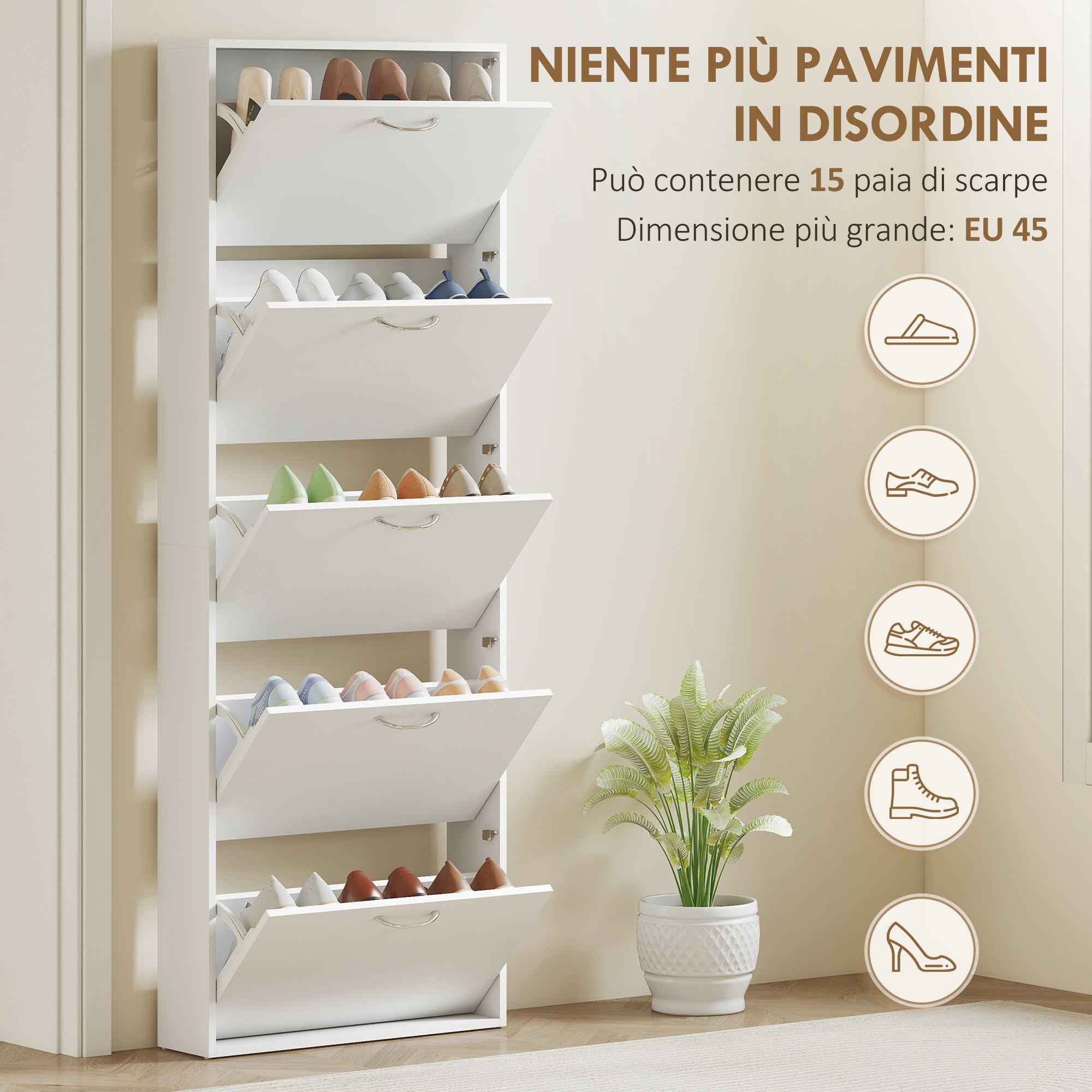 HOMCOM 5-Door Anti-Tip Wooden Shoe Rack, 65x17x180.5 cm, White