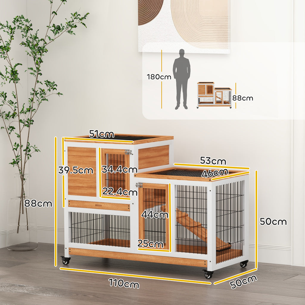 PawHut Wooden Rabbit Hutch with Wheels, Removable Trays and House with Ramp, 110x50x88 cm, Yellow and White