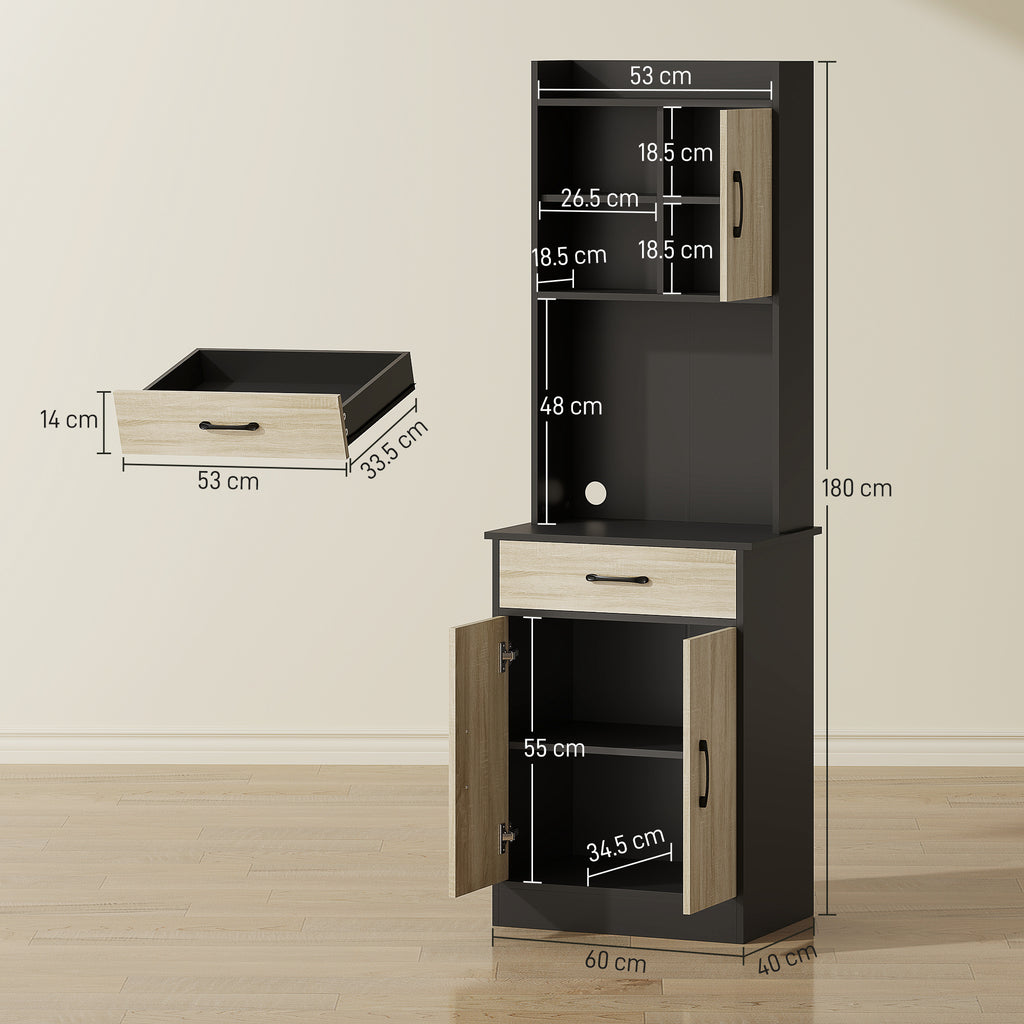 Wooden Pantry Cabinet with Drawer, 2 Open Shelves and Cabinets, 60x40x180 cm, Black and Wood Color