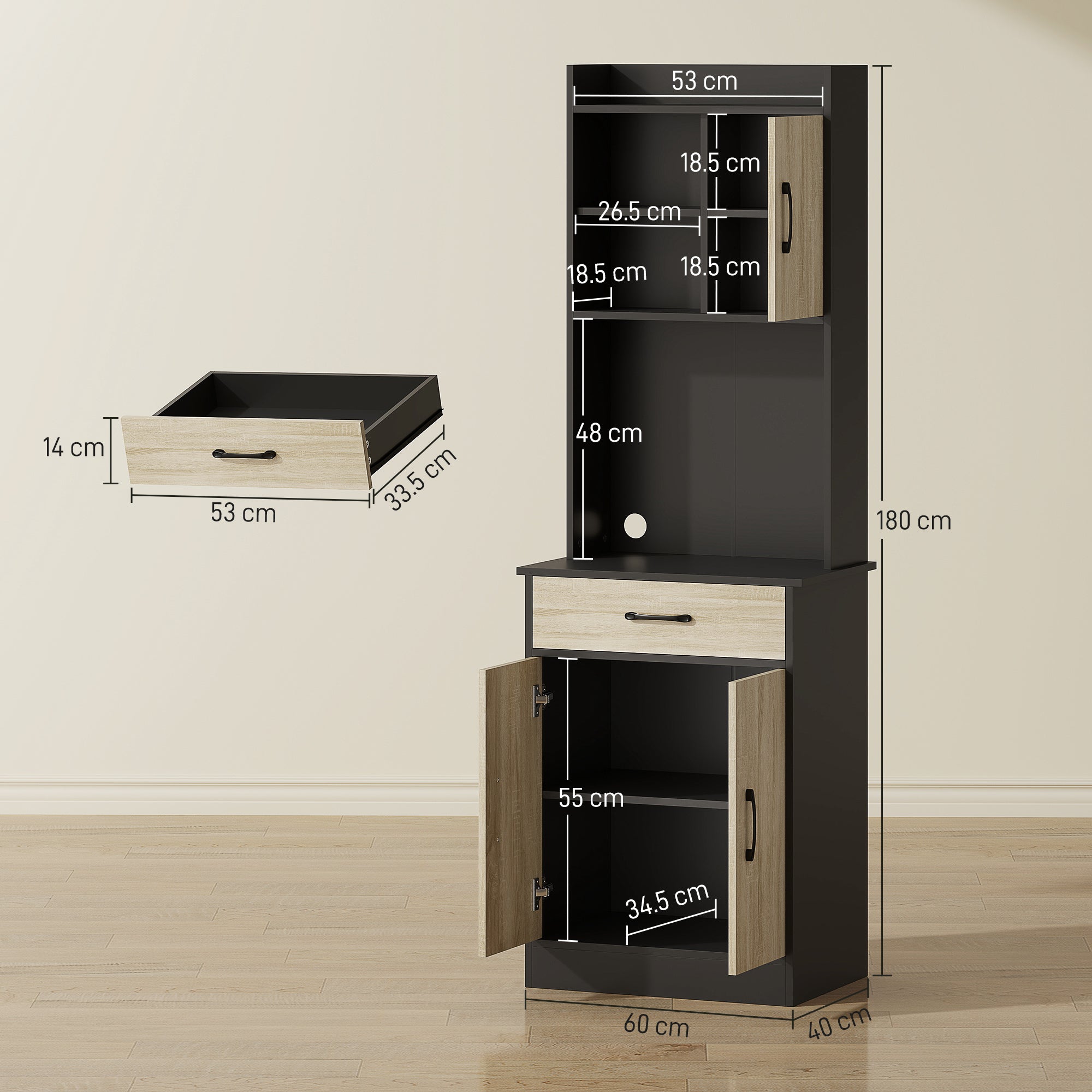 Wooden Pantry Cabinet with Drawer, 2 Open Shelves and Cabinets, 60x40x180 cm, Black and Wood Color