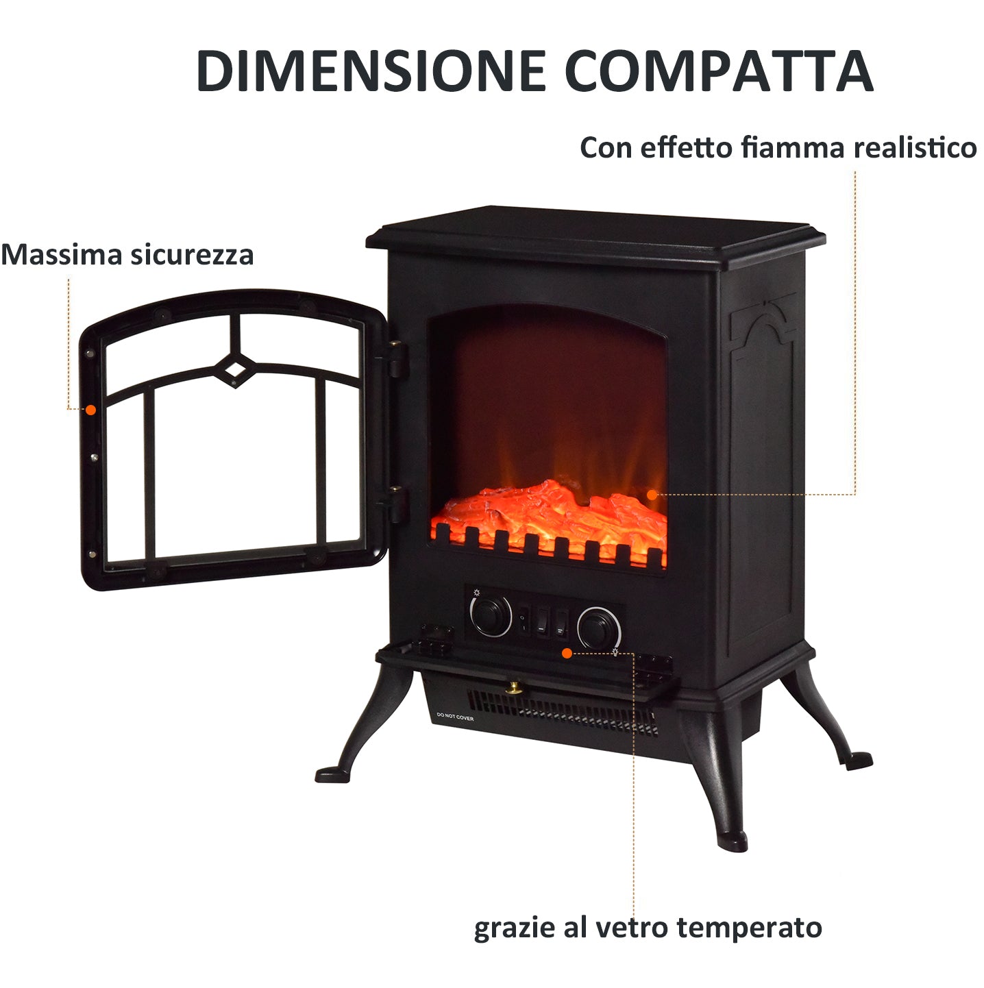 Electric Fireplace Floor Standing with Flame Effect Power 1000W /2000W in ABS and Glass 45×28×54cm Black