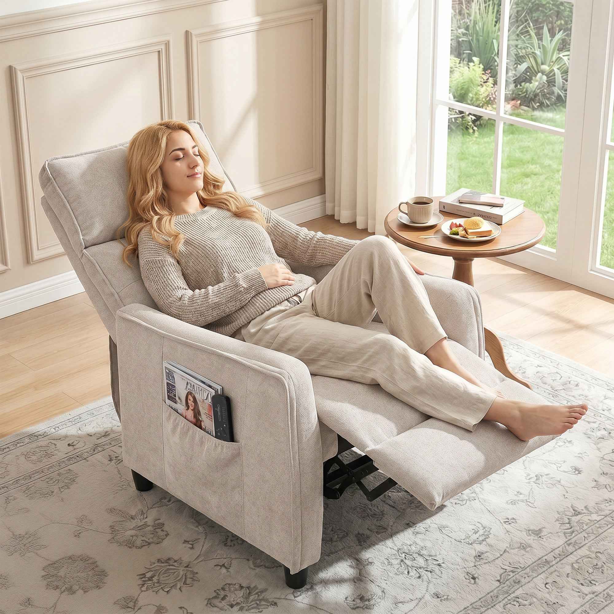 HOMCOM 160° Reclining Massage Chair with Footrest and Remote Control, 69x93x104 cm, Cream White Linen Effect