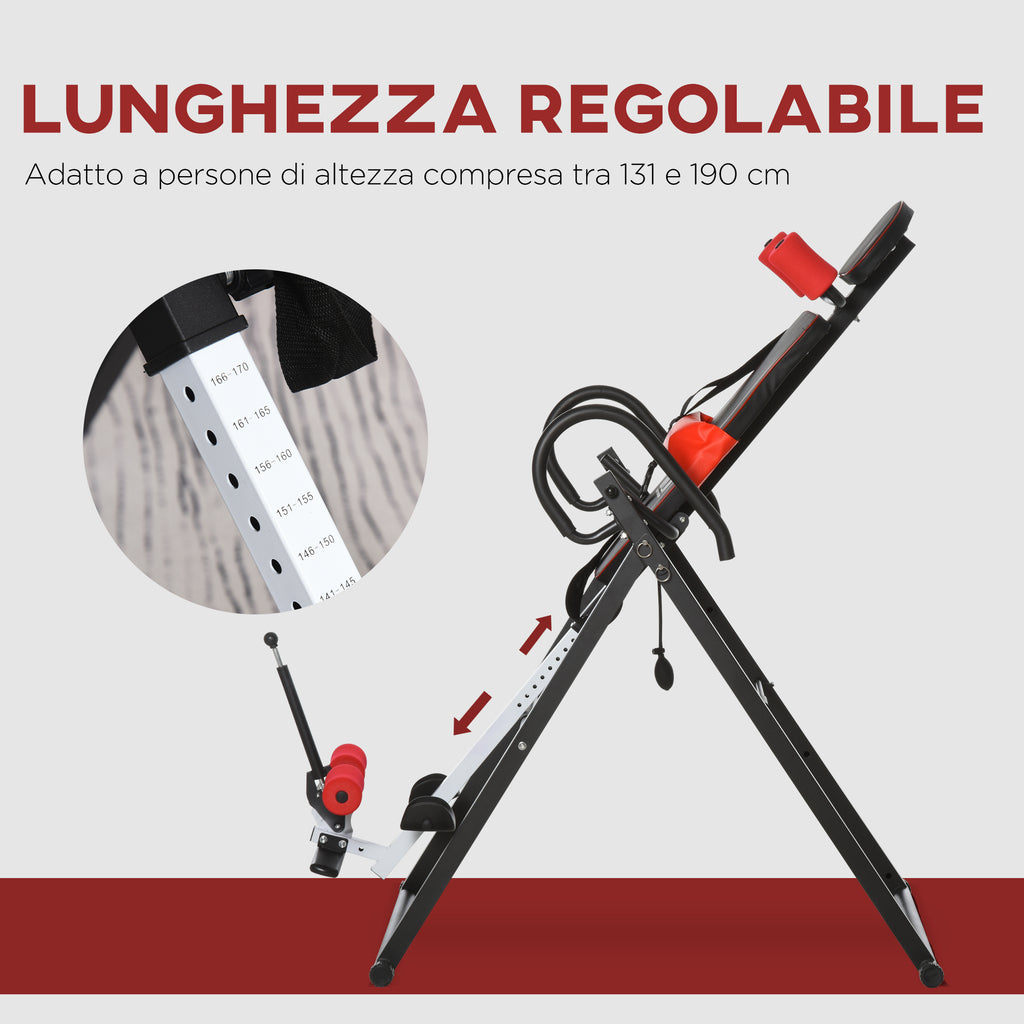 Inversion Bench with Adjustable Angle and Height and Headrest, in Steel and Plastic, 79x114x153 cm, Red and Black