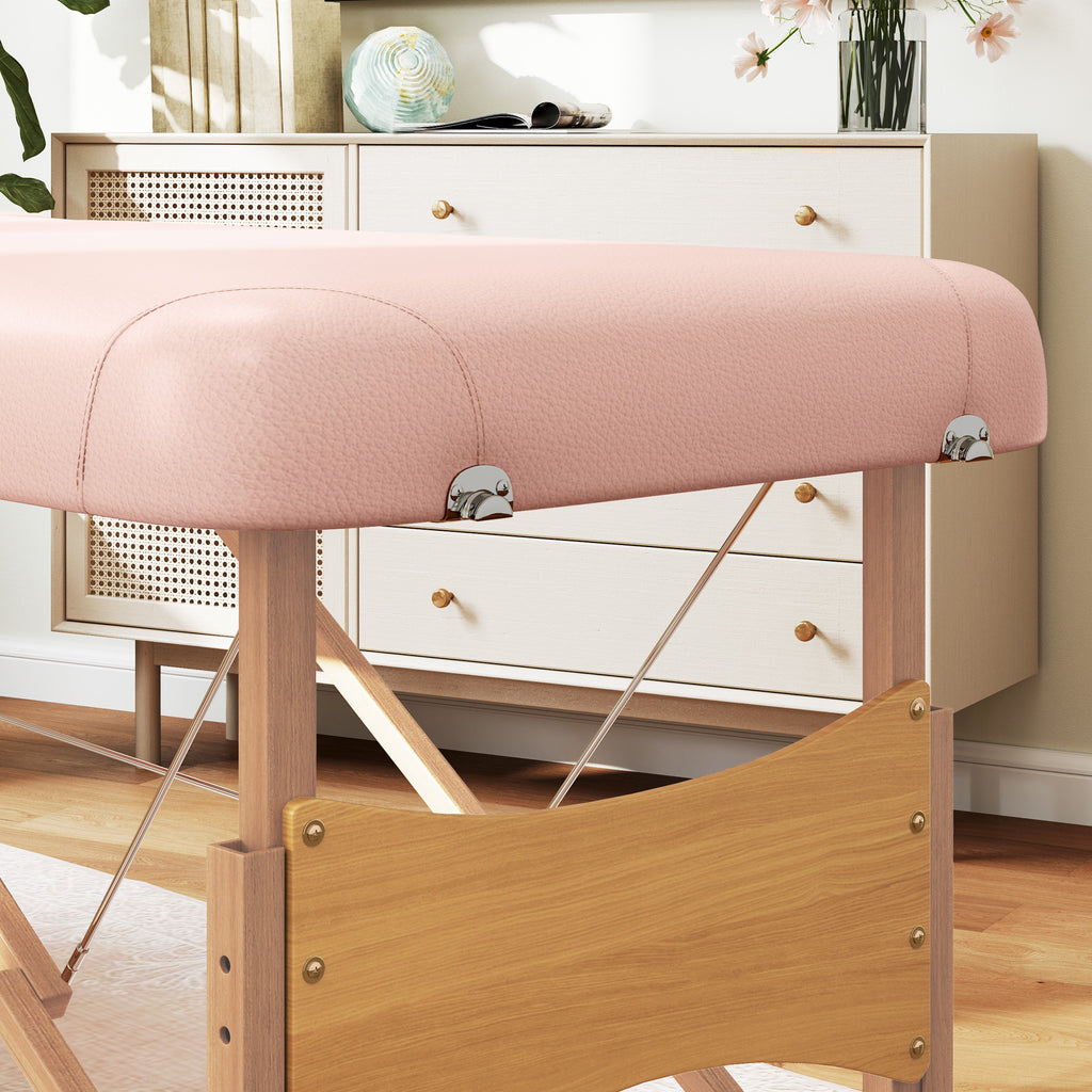 HOMCOM Folding Massage Table with Adjustable Height and Carry Bag, Wooden Frame, Pink
