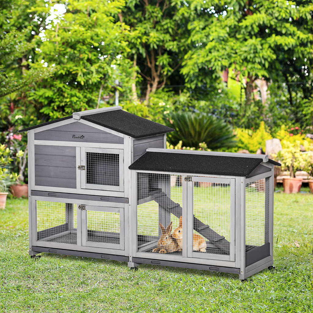 2-Tier Rabbit Hutch with Protective Net and Wooden and Metal Wheels, 157.4x53x99.5 cm, Grey