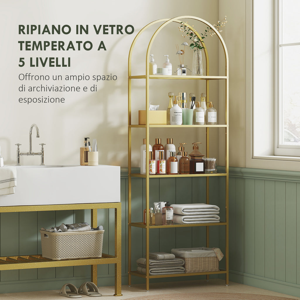 5-Tier Arched Storage Shelf in Steel and Tempered Glass, 60x30x175 cm, Gold