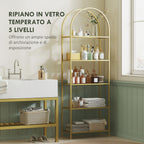 5-Tier Arched Storage Shelf in Steel and Tempered Glass, 60x30x175 cm, Gold