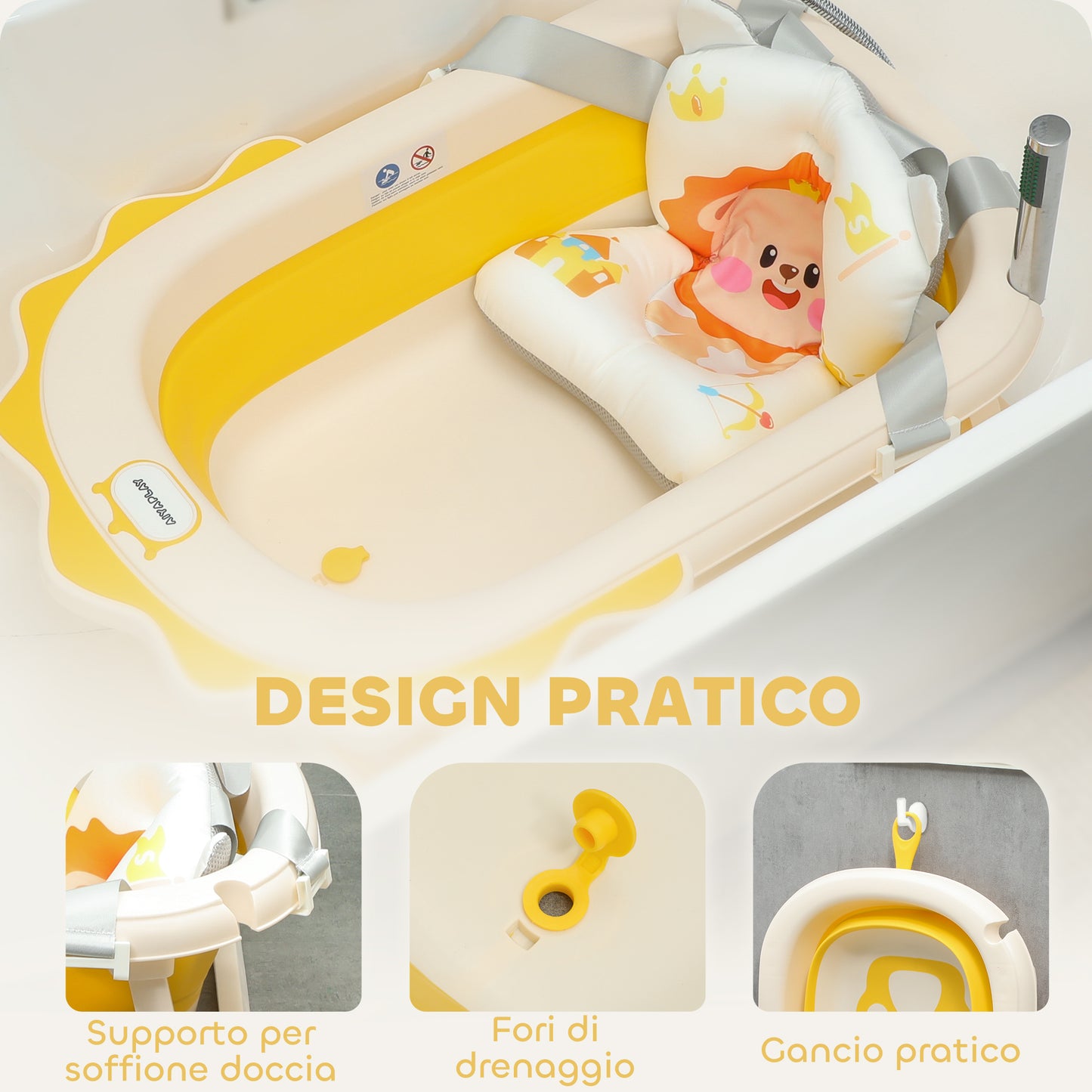 Foldable Baby Bath Tub with Pad and Washbasin, Non-Slip Plastic, 80.5x55x20 cm, Yellow