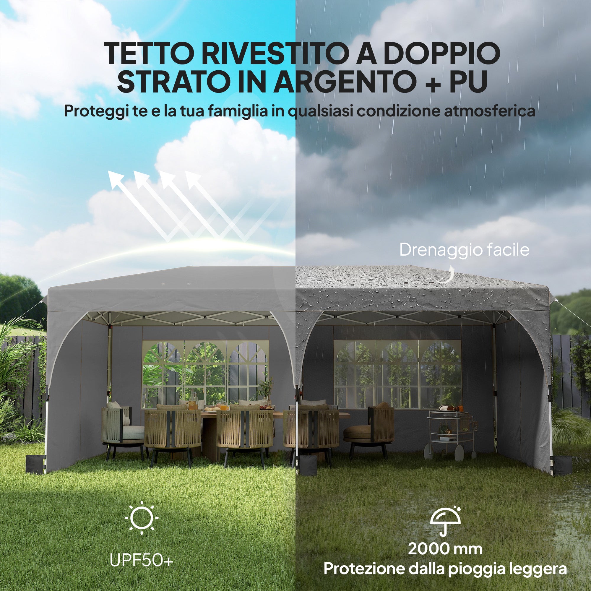Outsunny 3x6m Folding Gazebo with Walls and Adjustable Height, UV Protection 50+, Light Grey