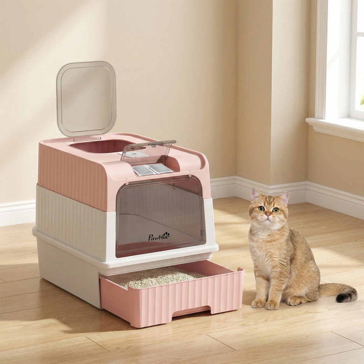 PawHut Enclosed Cat Litter Box with Removable Tray, Scoop and Deodorizer, 48x35x36 cm, Pink