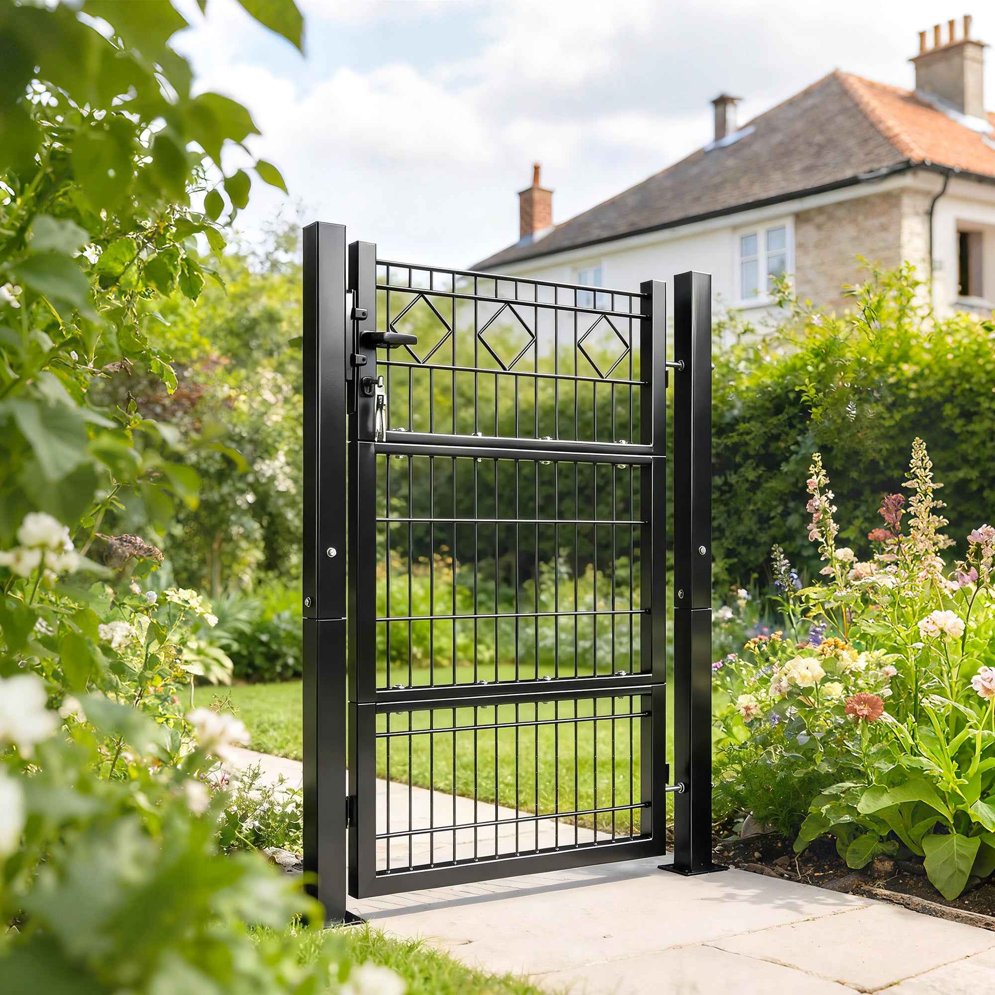 Outsunny Gate 100x131 cm, Galvanized Metal, Lock, Keys, Handle, 2 Posts