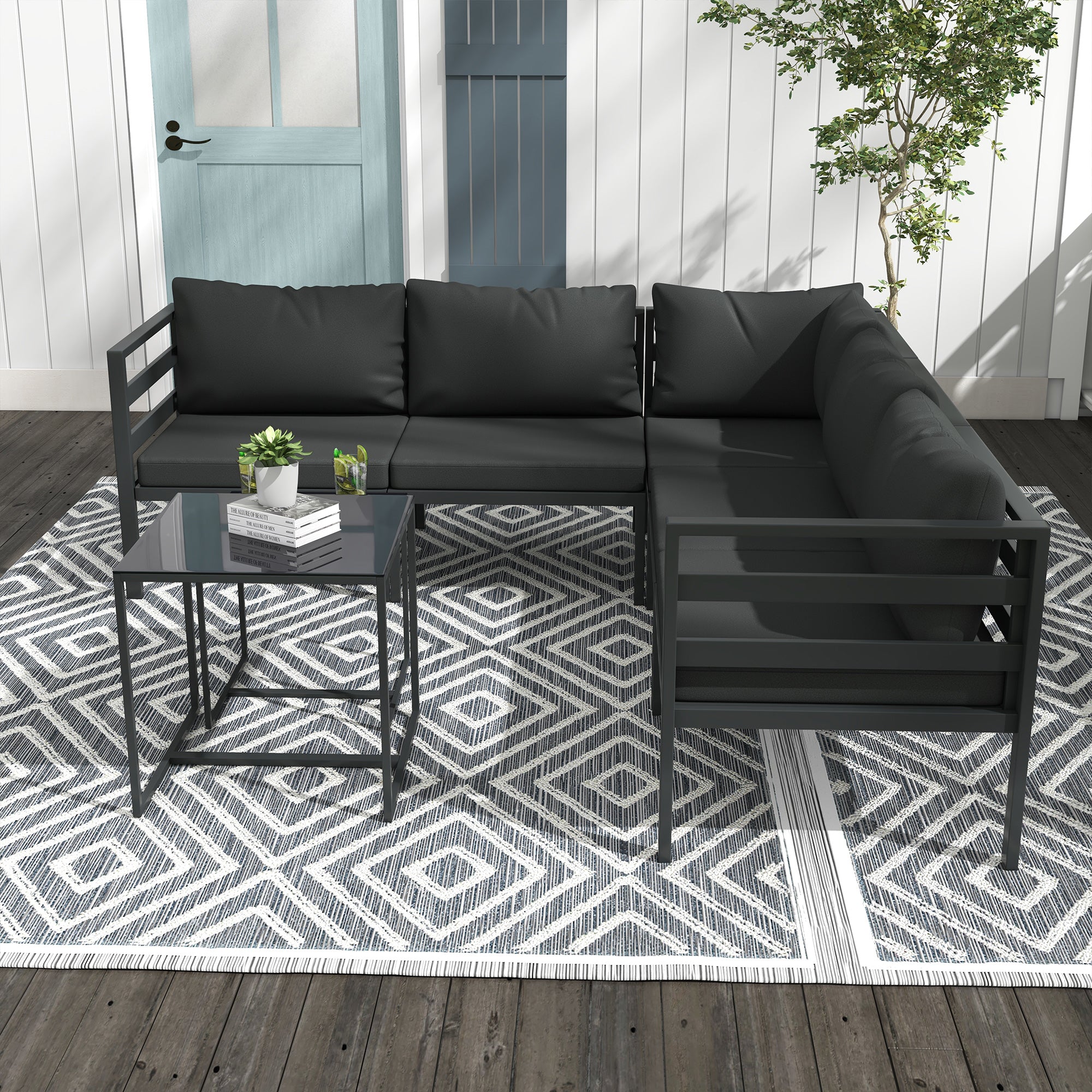 Outsunny garden set 7 pieces in steel and polyester with 5 chairs with cushions and 2 coffee tables, gray - Borgè