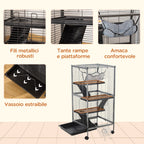 Small Pet Cage, Steel Guinea Pig and Chinchilla Cage with 3 Levels, 4 Wheels, Hammock and Removable Tray, 52 x 52 x 113.5cm, Silver Grey