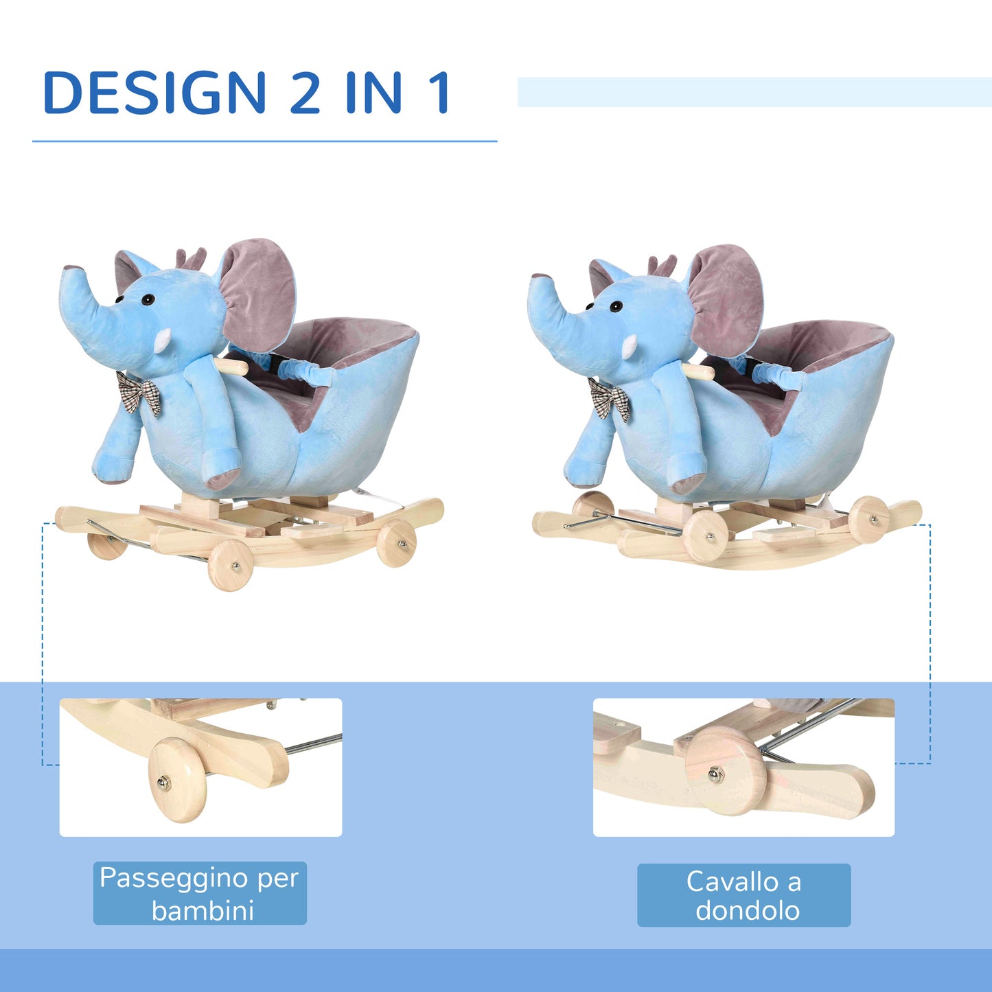 Rocking Animal in the shape of an Elephant with Wheels and Belt, in Plush, Wood and Steel, 60x35x45 cm, Blue