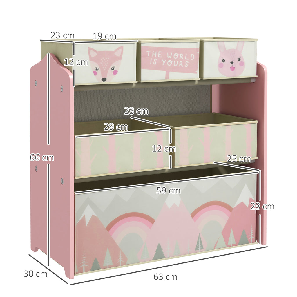 ZONEKIZ Children's Toy Shelf with 6 Removable Fabric Containers, 63x30x66cm, Pink - Borgè