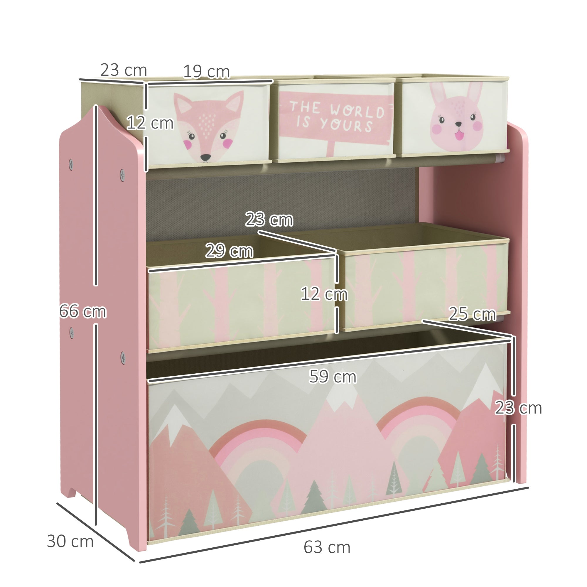 ZONEKIZ Children's Toy Shelf with 6 Removable Fabric Containers, 63x30x66cm, Pink - Borgè