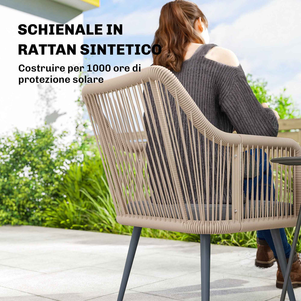 Outsunny Set of 2 Garden Chairs with Cushions and Armrests, in Steel and PE Rattan, 54x65x80 cm, Dark Grey