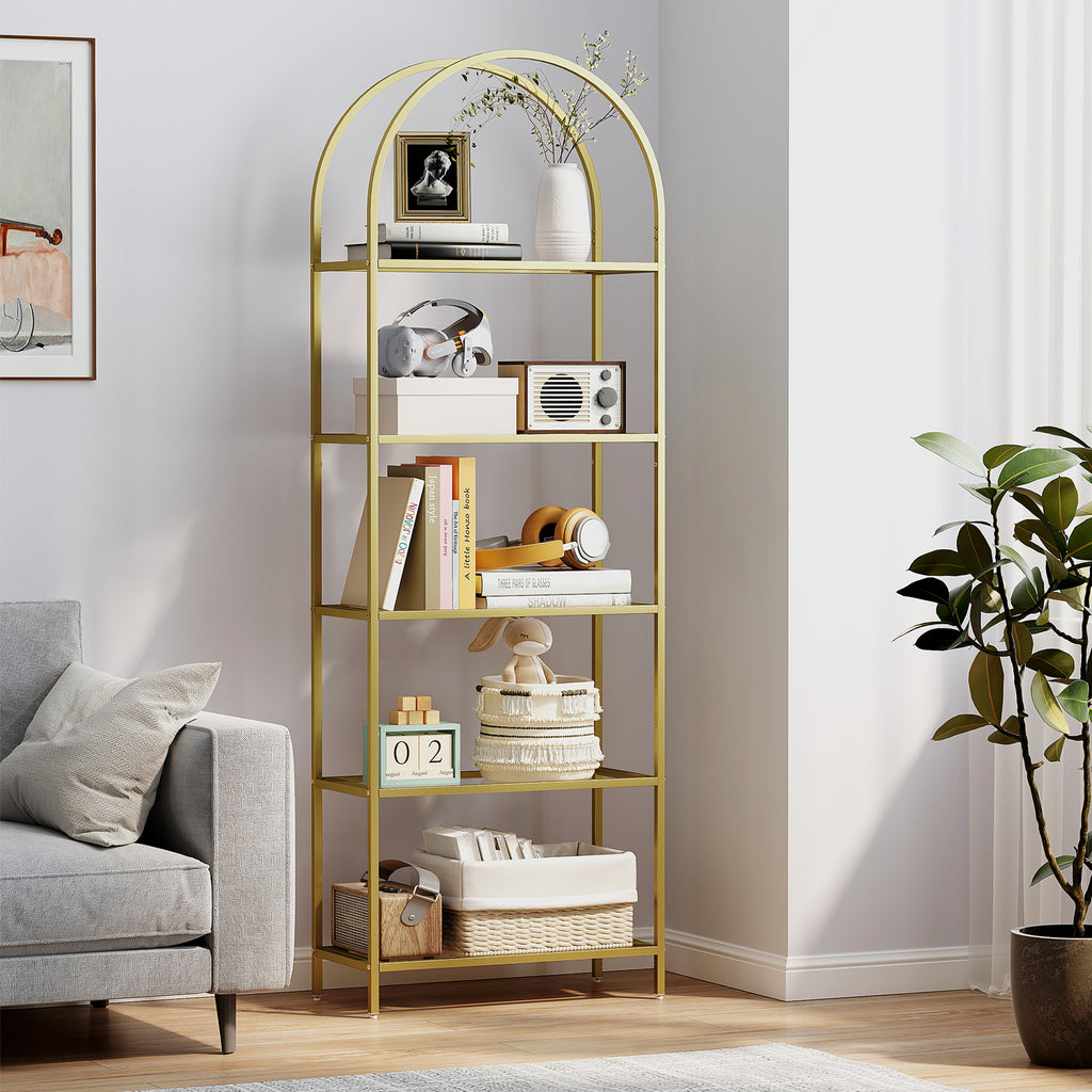 5-Tier Arched Storage Shelf in Steel and Tempered Glass, 60x30x175 cm, Gold