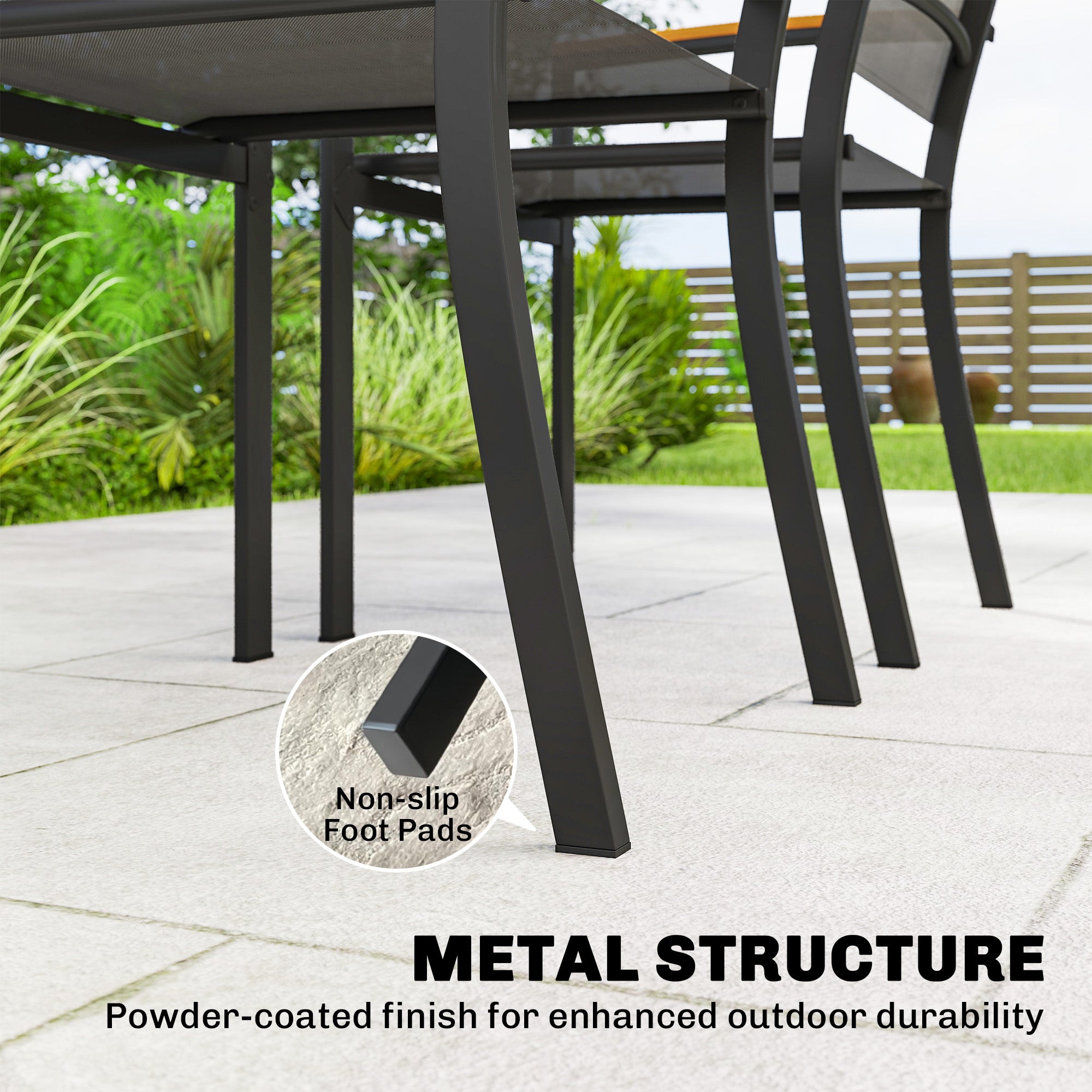 Outsunny Set of 2 Garden Chairs in Texteline and Metal with Wood Effect Armrests, 56x62x89 cm, Grey