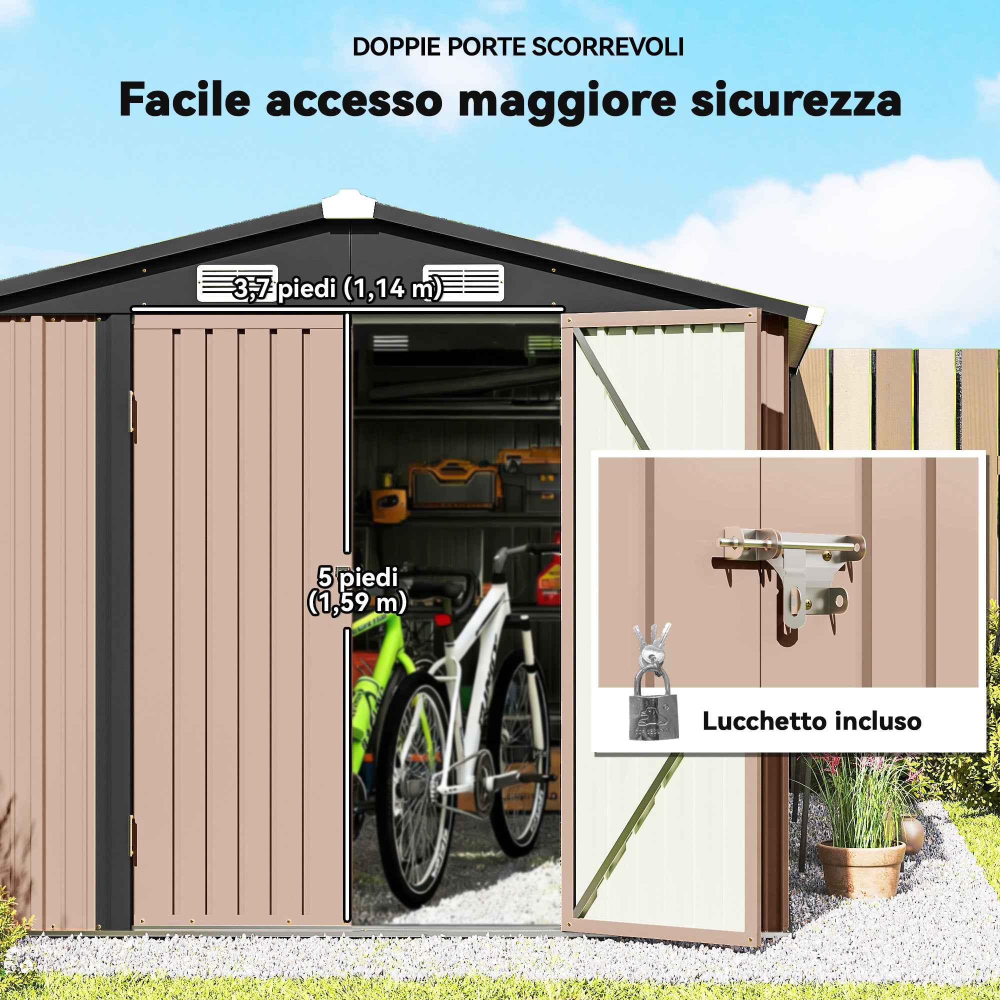 Outsunny 305 x 245 cm Metal Storage Shed, Sturdy Garden Shed with 4 Vents and Lockable Double Doors, Brown