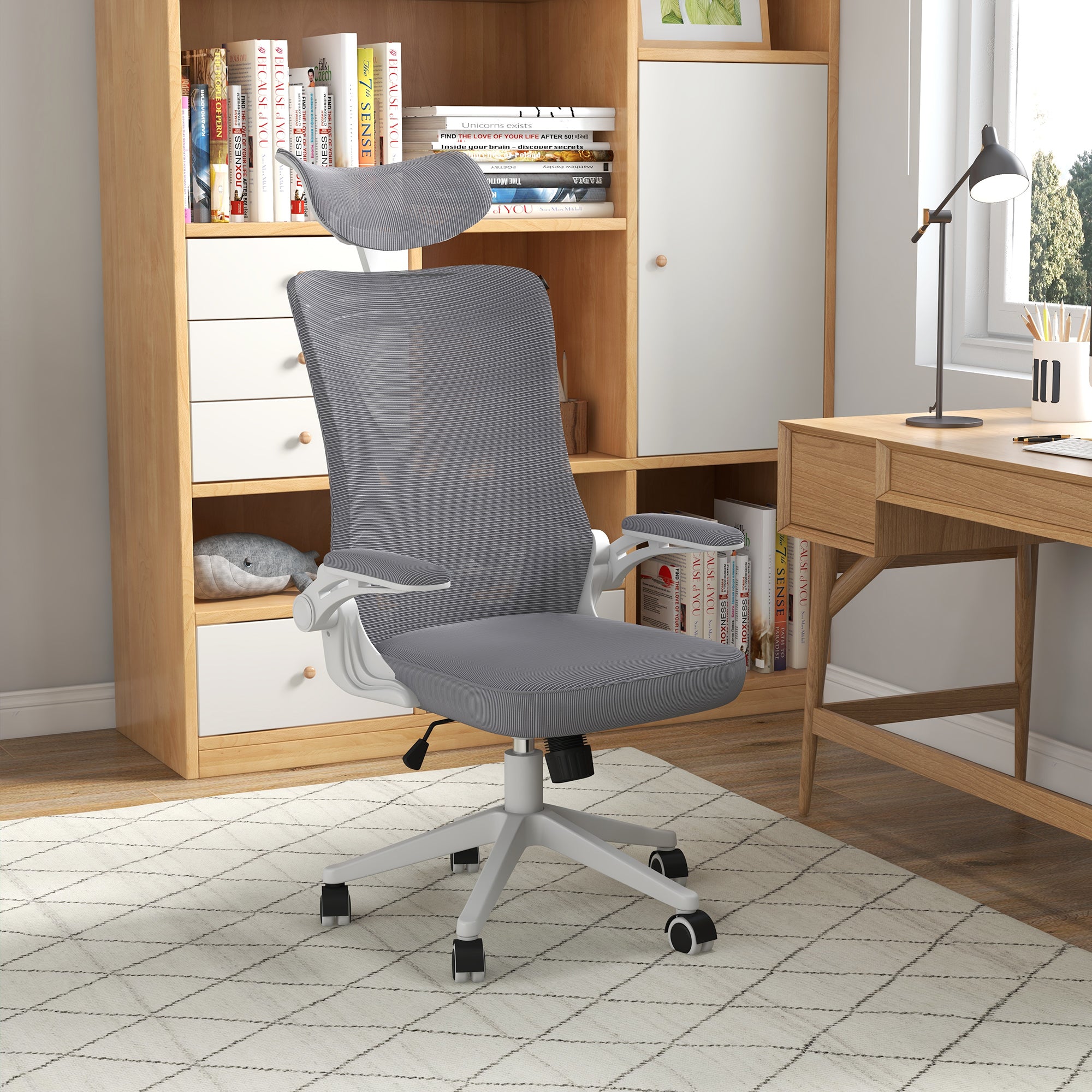 Height-Adjustable Office Chair with Lumbar Support and Flip-Up Armrests, 65x64x120-130 cm