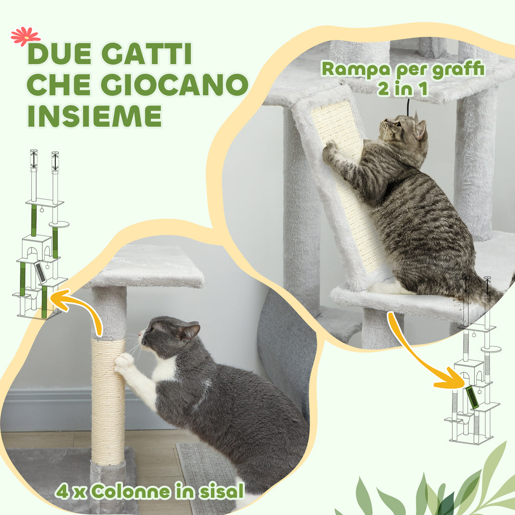 Ceiling Cat Tree with Adjustable Height 225-255 cm with House and Hammock, Light Grey