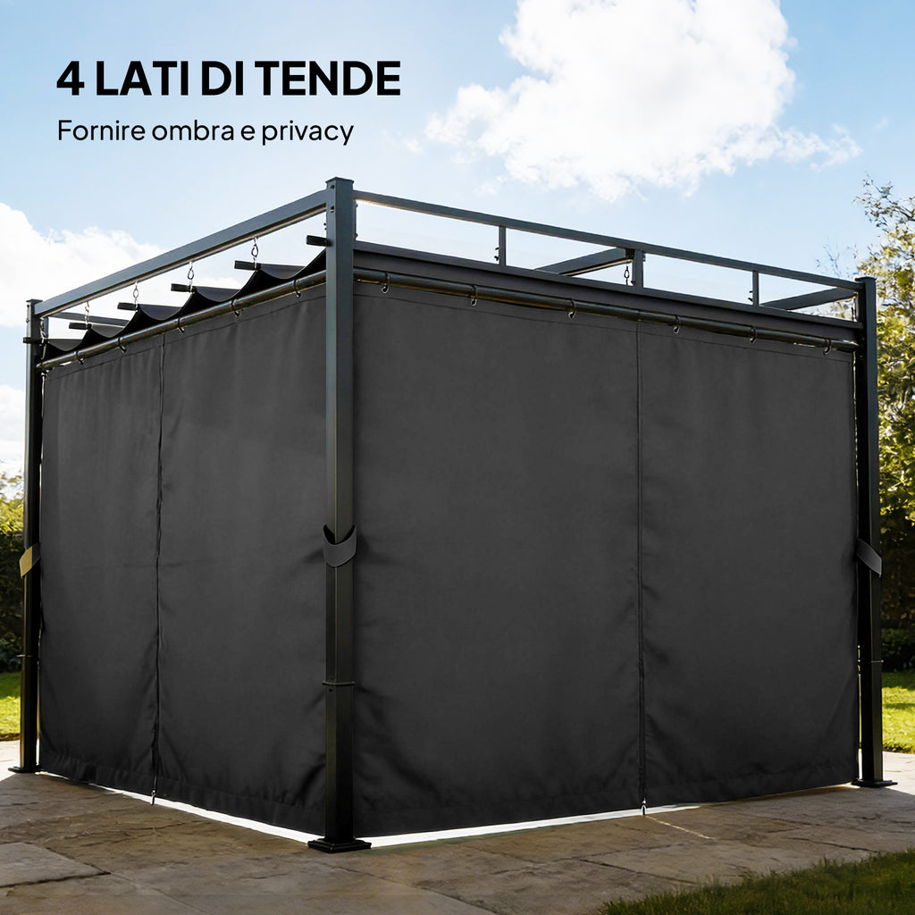 Outsunny Pergola Gazebo 3x3 m with Sliding Roof UV30+ and 4 Side Walls, Dark Grey