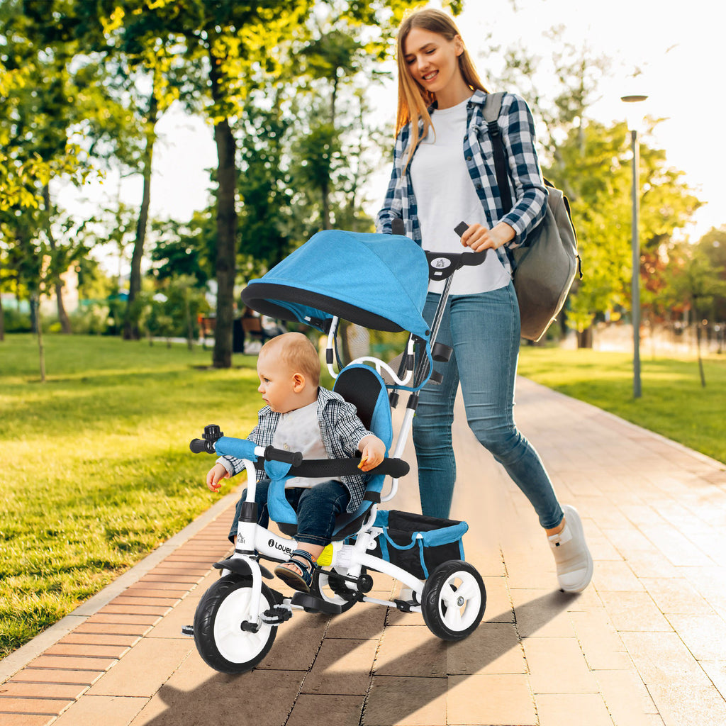 Kids Tricycle with 6-in-1 Handle, Adjustable Canopy and Safety Belt, Ages 1-5 Years, Blue