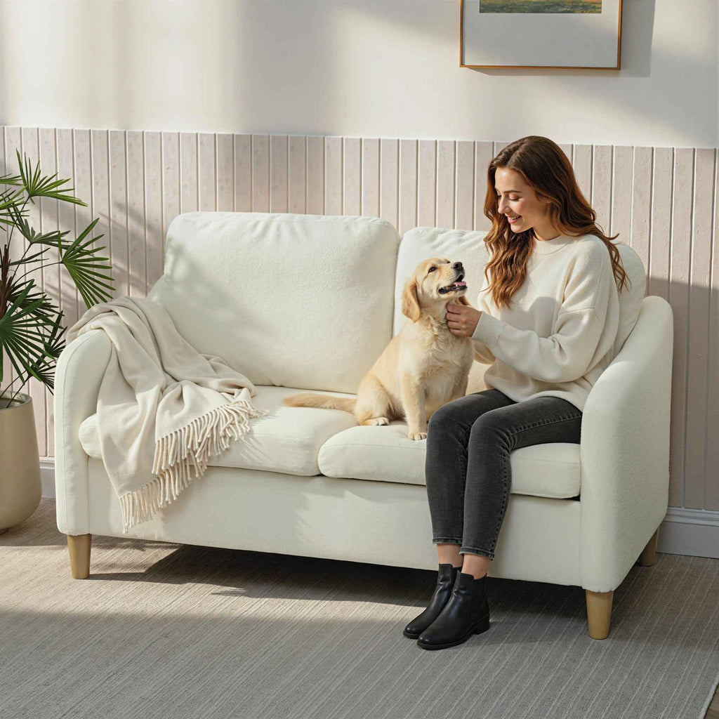 HOMCOM Modern 2-Seater Sofa with Thick Cushions and Sherpa Upholstery, 137x69x82 cm, Cream