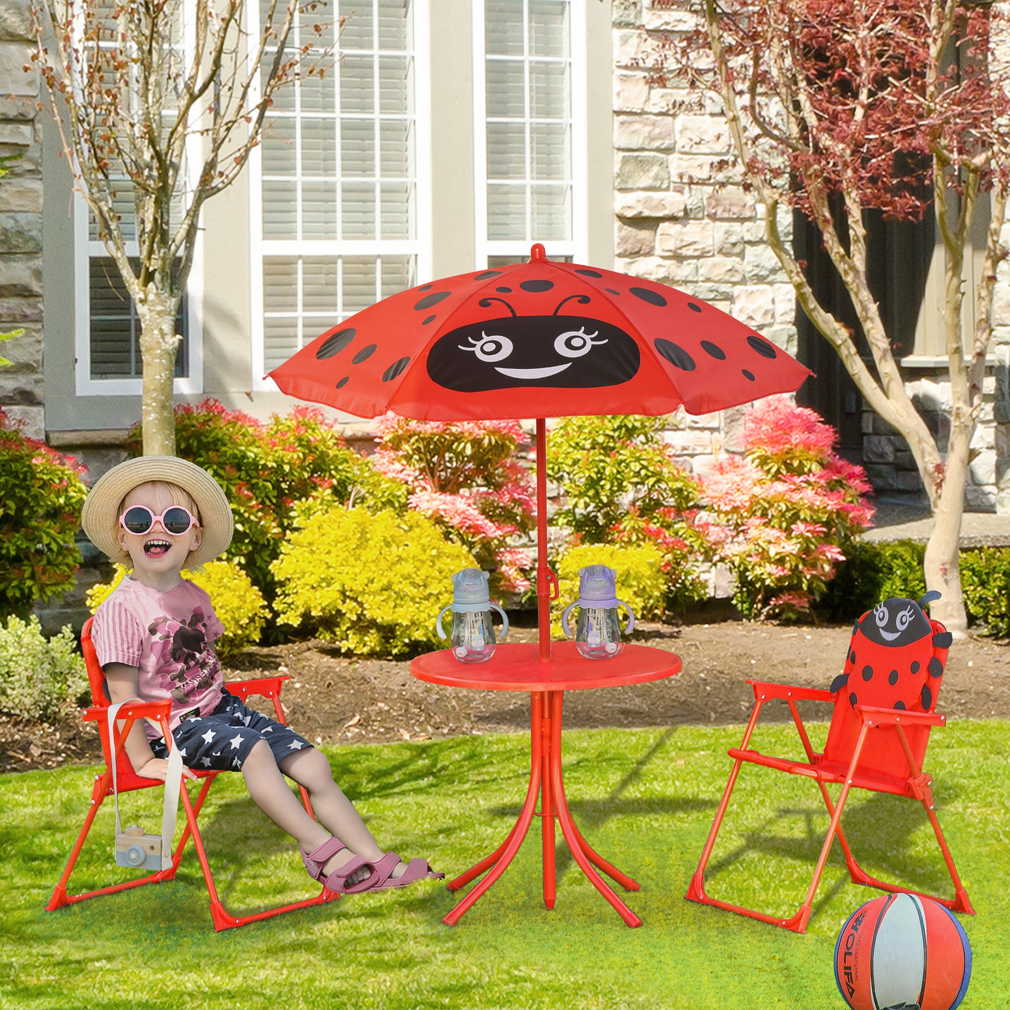 Garden Table and 2 Folding Chairs Set, Outdoor Table and Chairs with Umbrella for Children in Metal and Polyester, Red