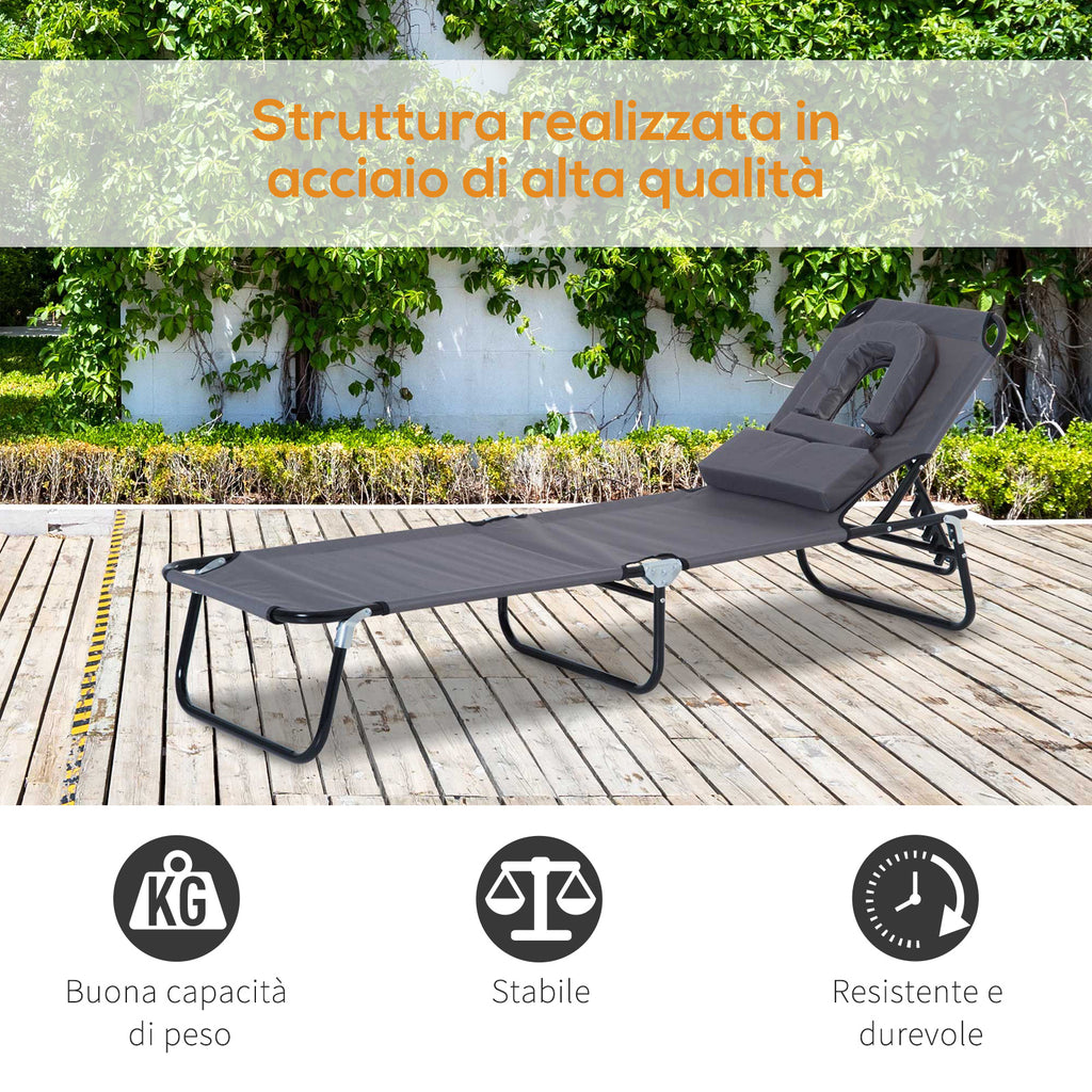 Outsunny Folding Outdoor Lounger with Face Hole and Cushions, Garden Sun Lounger, Beach and Camping, Grey