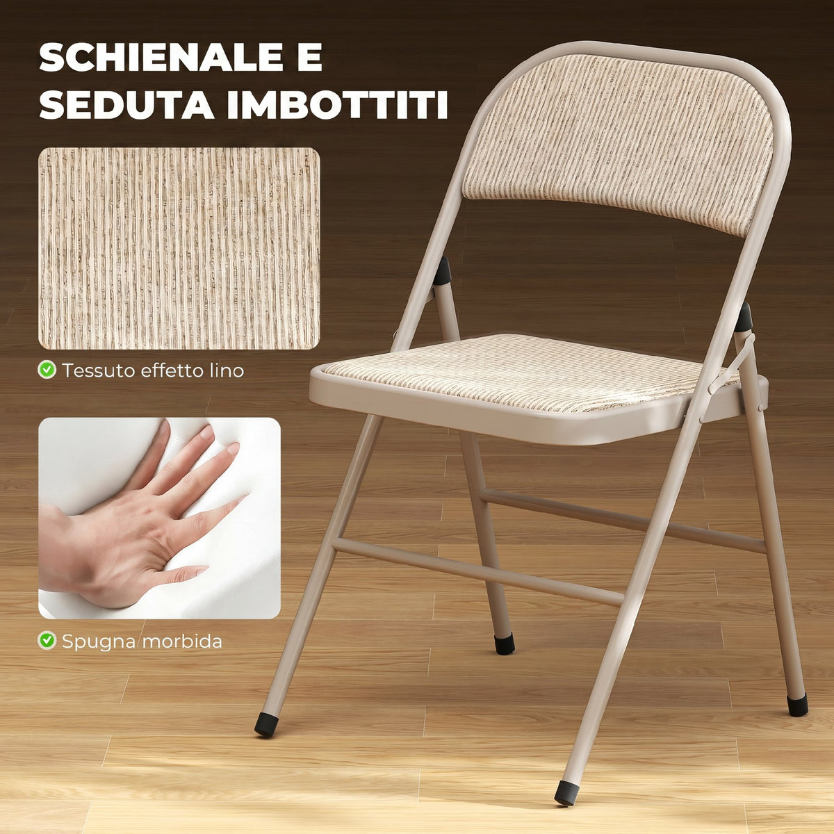 HOMCOM Set of 2 Folding Chairs with Upholstered Polyester Seat and Steel Frame, Beige
