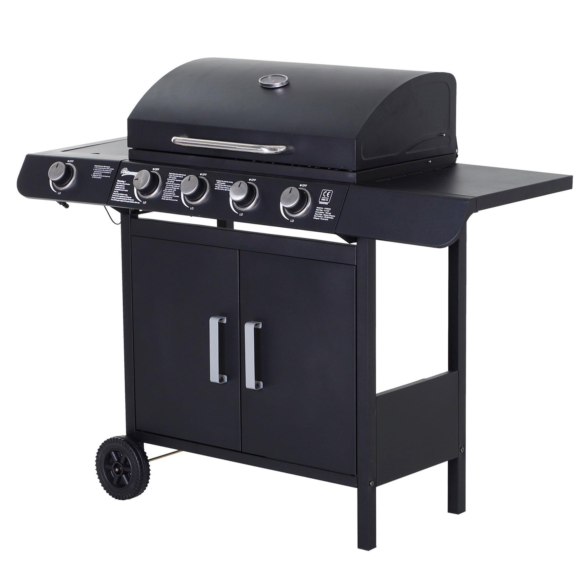 5 -stove gas barbecue outsunny with side shelves and locker, in steel and pp, 125x51x100 cm, black - Borgè