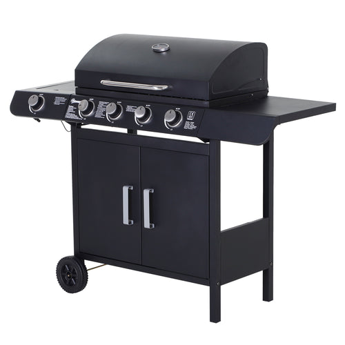 5 -stove gas barbecue outsunny with side shelves and locker, in steel and pp, 125x51x100 cm, black - Borgè