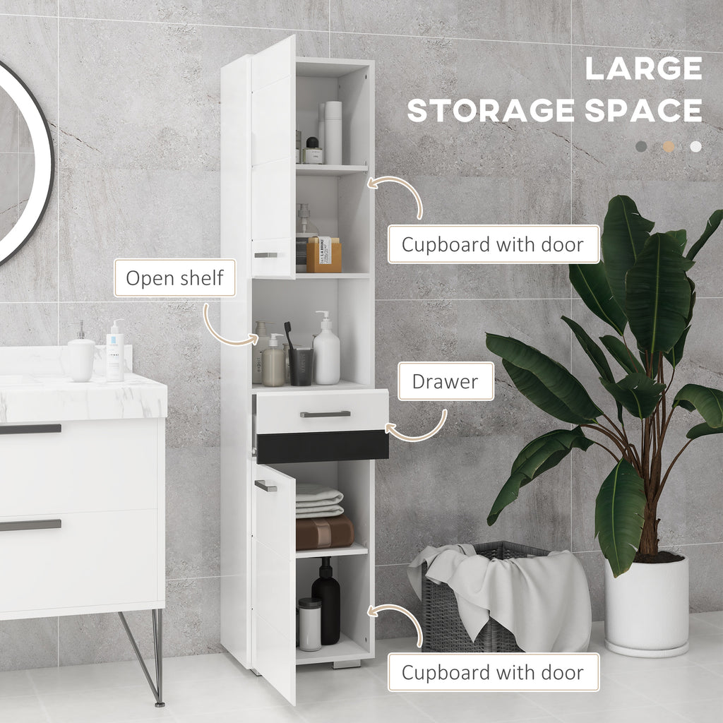 Kleankin Bathroom column in MDF with open shelf, drawer and locked locker, 37x32.5x170 cm, white - Borgè