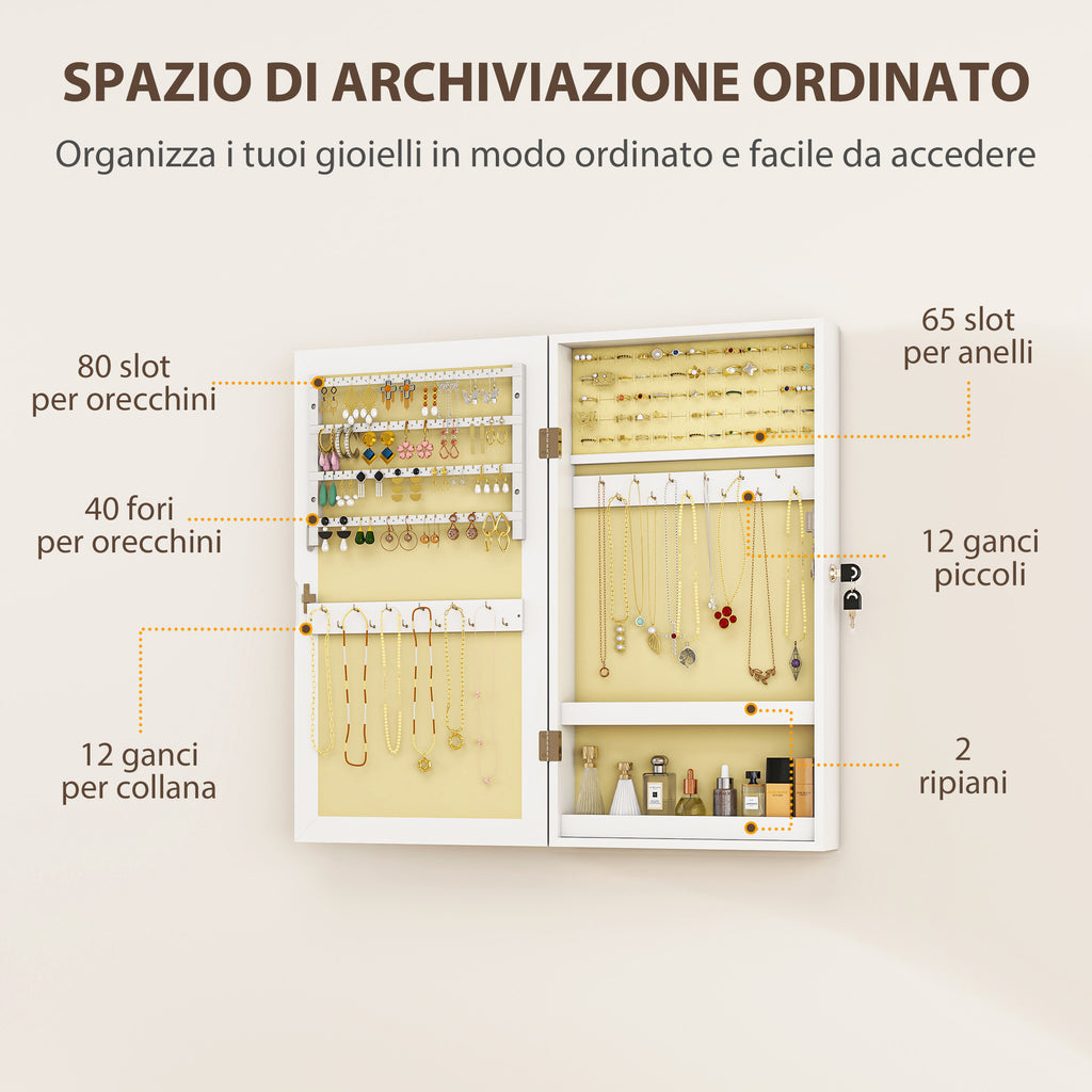 Wall-Mounted Mirrored Jewelry Cabinet with 2 Security Keys, Wooden, 36.5 x 9.5 x 67 cm, White