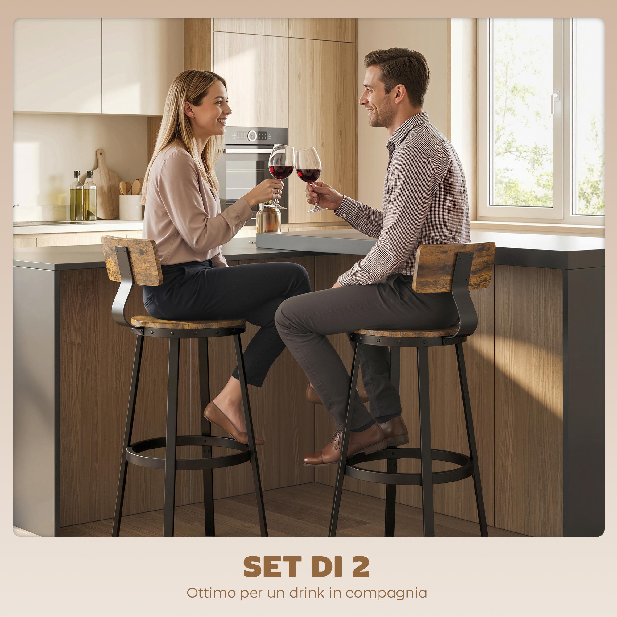 Set of 2 Rustic Bar Stools with Footrest, Wood and Metal, 37x47x96 cm, Brown